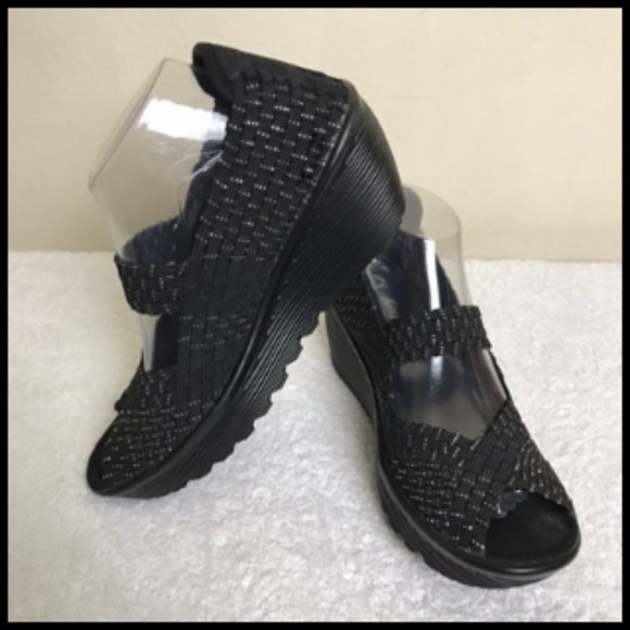 Skechers Shoes - Skechers Stretch Woven Black Silver Wedge Slip Ons